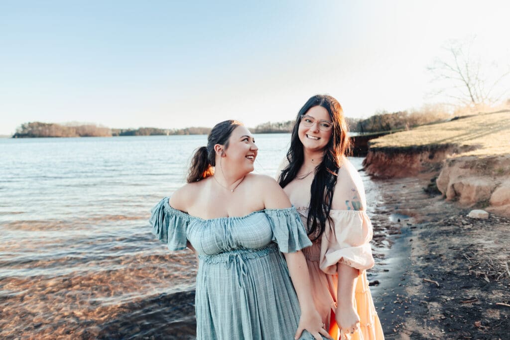 Two Georgia photographers at the lake taking a bestie photoshoot